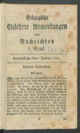 [22. Jahrgang]: Compendivm Historiae Litterariae Novissimae Oder Erlangische Gelehrte Anmerkungen und Nachrichten