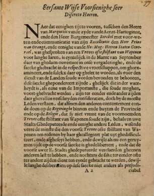 Antwoort ende Resolutie By de Heeren Regierders ende Vroetschappen der Stadt Haerlem, ghenomen op't stuck vanden Treves, op de Missive aen haer-lieden ghesonden vande Groot Mogende Staten van Hollandt ende West-Vrieslandt
