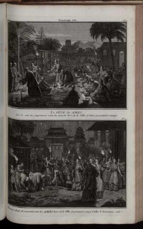 Planche LIII. : N. 1. La Fête des Ames ; N. 2. Maniere dont ils reconduisent les Ames hors de la Ville [...]