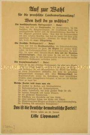 Programmatischer Wahlaufruf der Deutschen Demokratischen Partei zur Unterstützung ihrer Liste Lippmann bei der preußischen Landtagswahl 1919