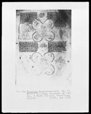 Biblia Pauperum — Taufe und Versuchung Christi, Folio 3verso