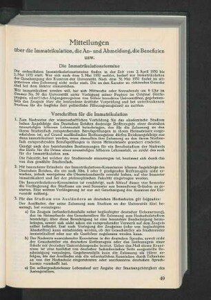 Mitteilungen über die Immatrikulation, die An- und Abmeldung, die Benefizien usw.