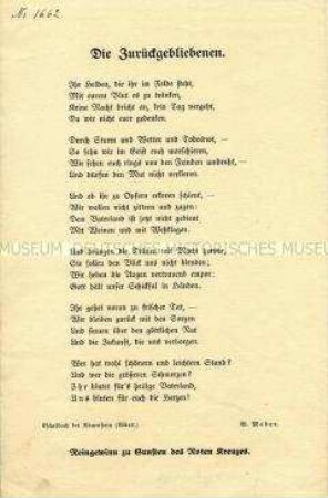 Flugblatt mit einem Gedicht über "die Zurückgebliebenen" im 1. Weltkrieg zu Gunsten des Roten Kreuzes
