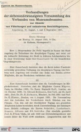 27: Verhandlungen der ... Versammlung des Verbandes von Museums-Beamten zur Abwehr von Fälschungen und Unlauterem Geschäftsgebaren