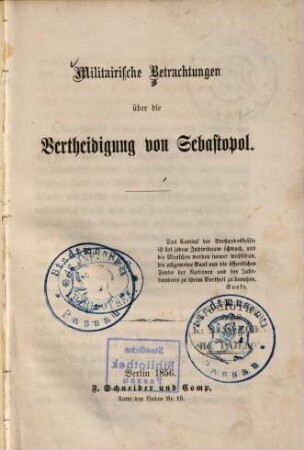 Militairische Betrachtungen über die Vertheidigung von Sebastopol