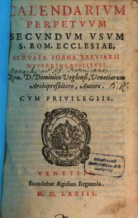 Calendarium perpetuum secundum usum S[anctae] Rom[anae] Ecclesiae