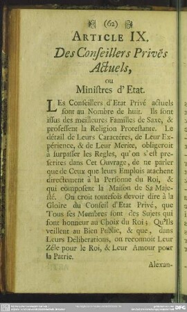 Article IX. Des Conseillers Prives Actuels