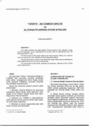 Türkiye AB Gümrük Birligi ve Alternatiflerinin Statik Etkileri