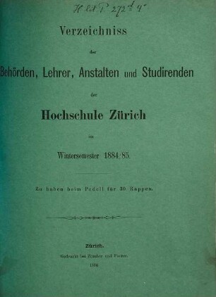 Verzeichnis der Behörden, Dozenten, Anstalten und Studierenden. 1884/85, WS