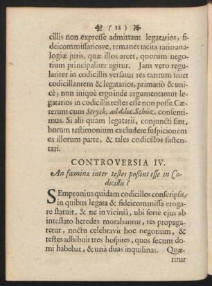 Controversia IV. An foeminae inter testes poßint esse in Codicillis?