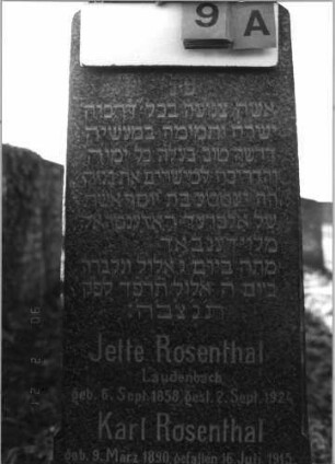 Grabstein 9 (Index: 100116084) Material: Granit, poliert Zustand: gut Maße HxBxT: 158x43x15 cm Beschreibung: aufgesockelte Stele mit rechteckig erhöhtem, giebelartigem Abschluß Symbolik: Traubenzweig Besonderheit: kulturhistorisch wertvoll / hist.-wiss. Gründe (Kriegsteilnehmer); - Doppelgrab: Grabstein 9A
