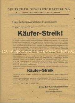 Flugblatt mit Aufruf des Deutschen Gewerkschaftsbundes zu einem "Käuferstreik" wegen der überhöhten Preise nach der Währungsreform