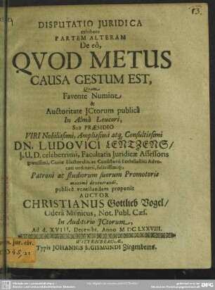 Disputatio Juridica exhibens Partem alteram De eo, quod metus causa gestum est