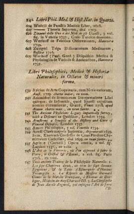 142-169, Libri Philosophici, Medici & Historiae Naturalis, in Octavo & minori forma
