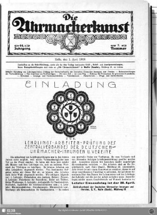 Einladung zur Lehrlings-Arbeiten-Prüfung des Zentralverbandes der Deutschen-Uhrmacher-Innungen u. Vereine