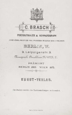 Fotografierückseite, Atelier Brasch, Berlin, um 1889