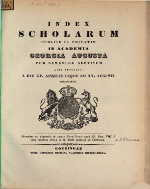 Index scholarum publice et privatim in Academia Georgia Augusta ... habendarum, SS 1853