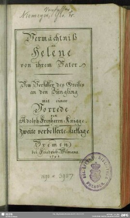 Vermächtniß an Helene von ihrem Vater
