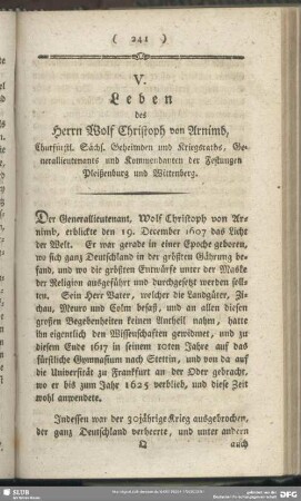 V. Leben des Herrn Wolf Christoph von Arnimd, Churfürstl. Sächs. Geheimden und Kriegsraths, Generallieutenants und Kommendanten der Festungen Pleißenburg und Wittenberg