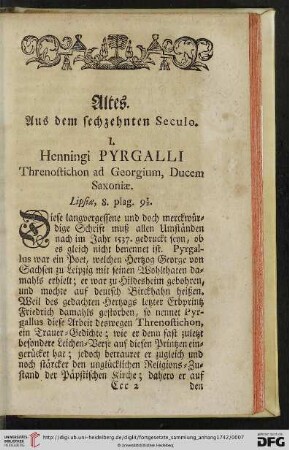 Altes [I. Henningi Pyrgalli Threnostichon ad Georgium, Ducem Saxoniae – VII. Willem Devrhoffs Geloofs-Onderzoek]