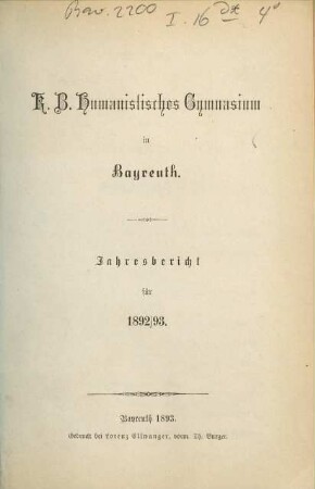 Jahresbericht : für das Schuljahr ... 1892/93