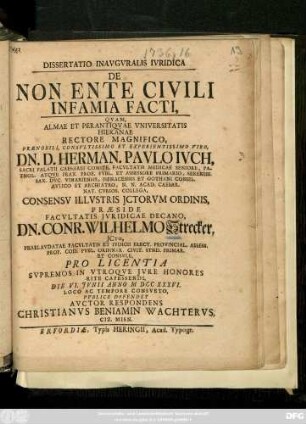 Dissertatio Inavgvralis Ivridica De Non Ente Civili Infamia Facti