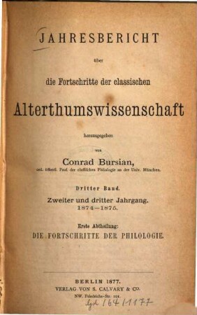 Jahresbericht über die Fortschritte der klassischen Altertumswissenschaft, 3. 1874 = Jg. 2