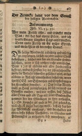 Der Krancke betet vor dem Genuß des heiligen Abendmahls.