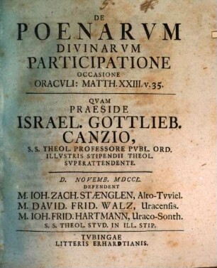 De poenarum divinarum participatione : occasione oraculi Matth. XXIII. v. 35, [Pars 1]
