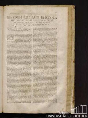 Eivsdem Rhenani epistola De Locis Plinii Per Stephanvm Aqvaevm Attactis Vbi Mendae Qvaedam Eivsdem Avctoris Emacvlantvr, Antehac à nemine animaduersae.
