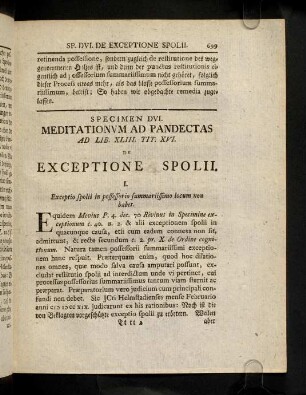 699-705, Meditat. Ad Pandect. Sp. DVI. De Exceptione Spolii.
