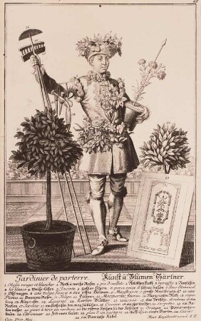 Kunst- und Blumengärtner mit Plan eines Broderie-Parterres : Kunst- u. Blumengärtner, Stich, 18. Jh.