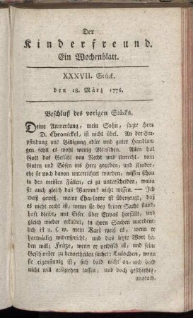 XXXVII. Stück, den 18. März 1776