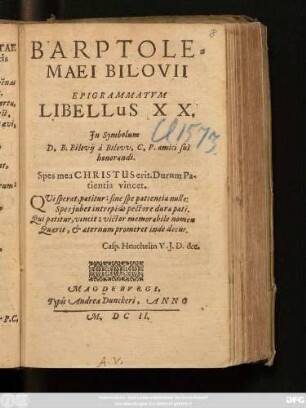 20: Barptholomaei Bilovii Epigrammatum Libellus ...