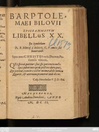 20: Barptholomaei Bilovii Epigrammatum Libellus ...