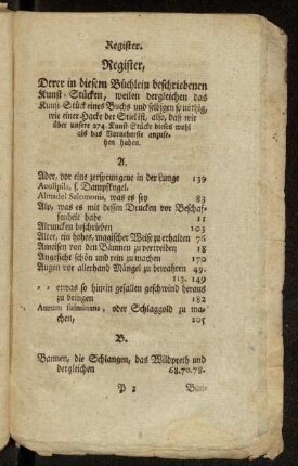 Register, Derer in diesem Büchlein beschriebenen Kunst-Stücken,[...]