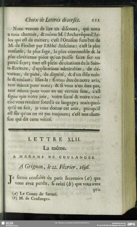 Lettre XLII. La même. A Madame De Coulanges. A Grignan, le 22. Février, 1696