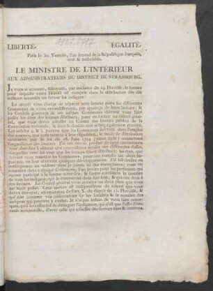 Le Ministre De L'Intérieur Aux Administrateurs Du District De Strasbourg : Paris le 30. Ventôse, l'an second de la République française, une & indivisible