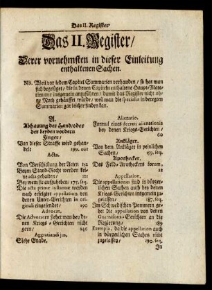 Das II. Register/ Derer vornehmsten in dieser Einleitung enthaltenen Sachen