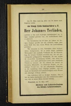 Herr Johannes Terlinden : [Nekrolog]
