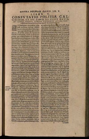 Liber V. / Confutatio Politiae Calvinianae, Ex Sex Libris De Clave David, Sev Regno Christi, Contra Calumnias ...