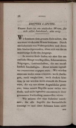 Drittes Capitel. Unsere Seele ist ein einfaches Wesen, für sich selbst bestehend, also ewig.