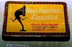 Blechdose für 20 Stück? "Haus Hagemann Zigaretten" (Abbildung: stilisierter Grammophontrichter)