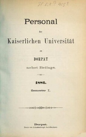 Personal der Kaiserlichen Universität zu Dorpat. 1886, Sem. 1