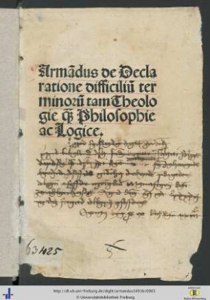Armādus de Declaratiōe difficilium terminorū tam Theologie q[uam] Philosophie ac logice