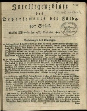 49tes Stueck, (Mitwoch) den 27ten September 1809