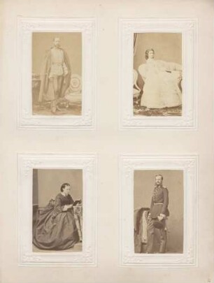 links oben: Kaiser Franz Joseph I. von Österreich rechts oben: Kaiserin Elisabeth von Österreich links unten: Unbekannt (Dame) rechts unten: Unbekannt (Uniformierter)