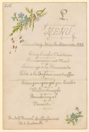 Menükarte : Menü, Rudolf Dressel Hoflieferant, Unter den Linden 50