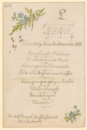 Menükarte : Menü, Rudolf Dressel Hoflieferant, Unter den Linden 50
