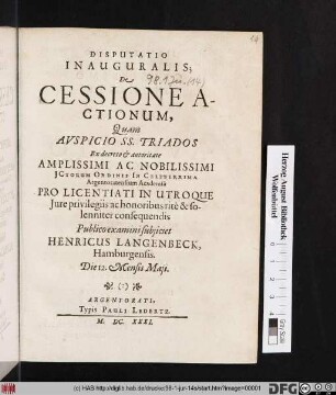 Disputatio Inauguralis; De Cessione Actionum